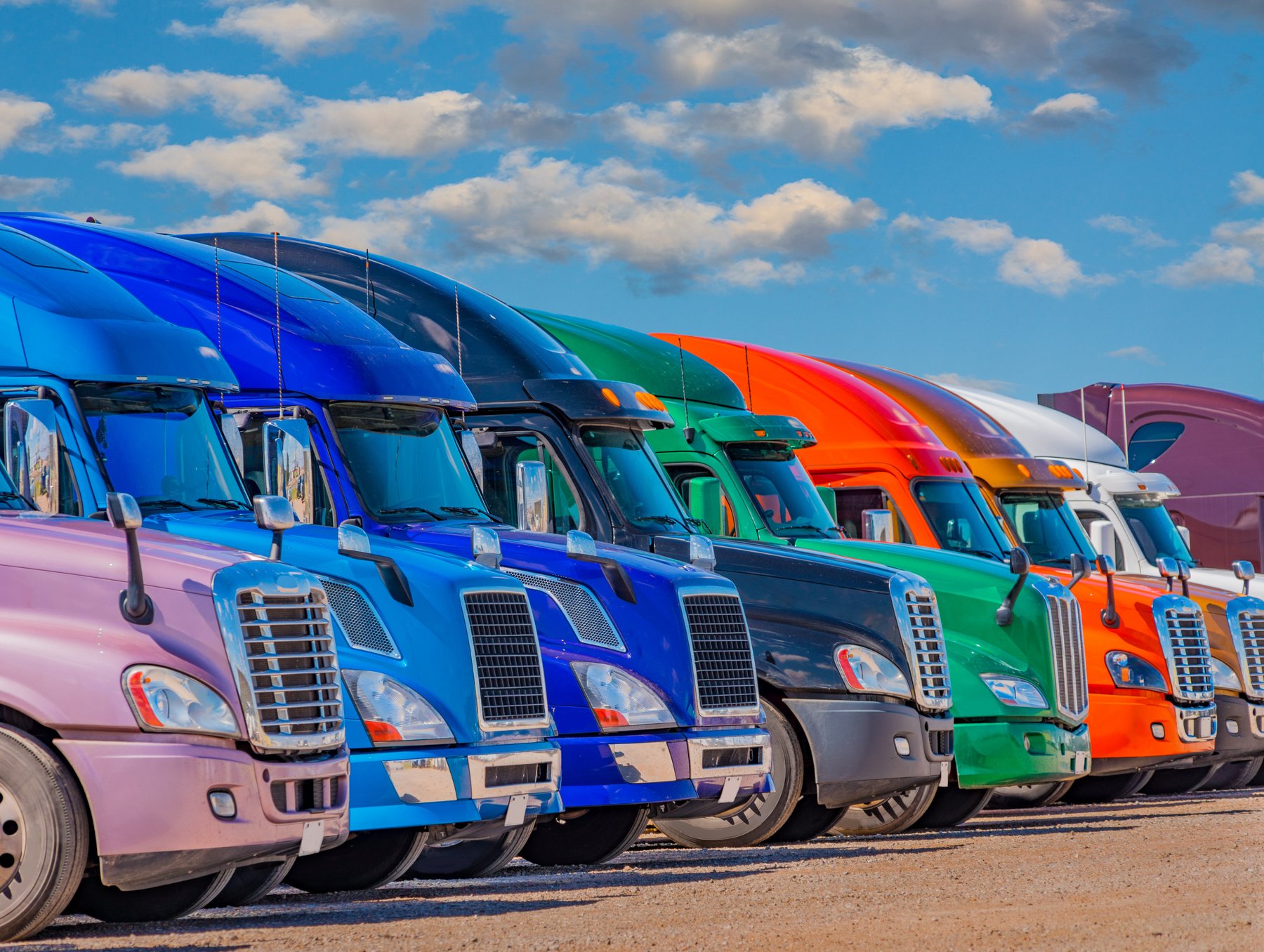 Semi trucks  in many colors are lined up in Texas (P)